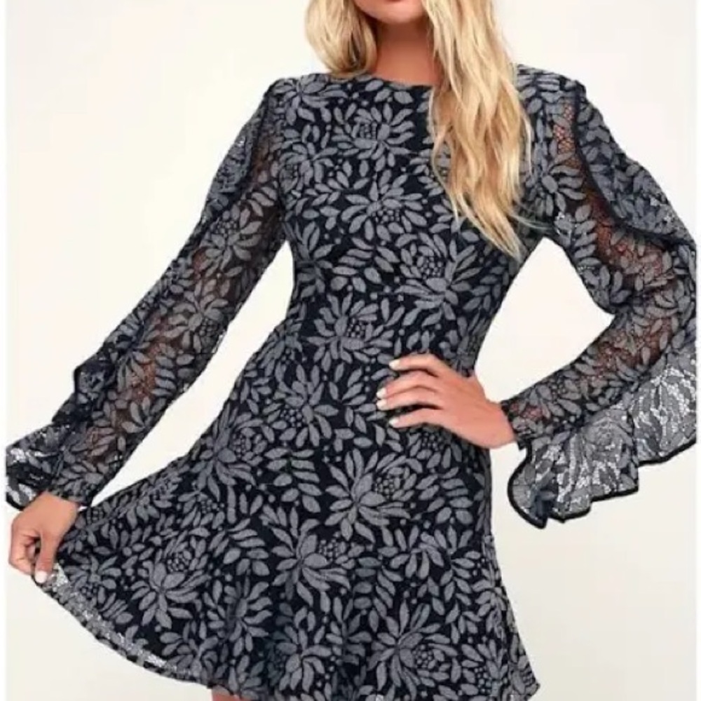 KEEPSAKE the Label Black and Gray Floral Lace Dress